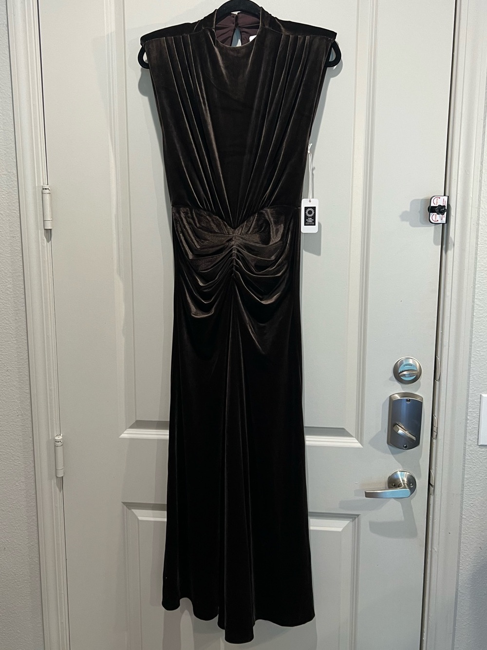 Saylor Chocolate Brown Velvet Ruched Maxi Dress XS NWT - Picture 2 of 7